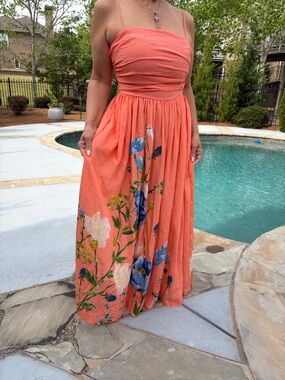 Anthropologie Coral Maxi Dress with Blue & White Floral Print